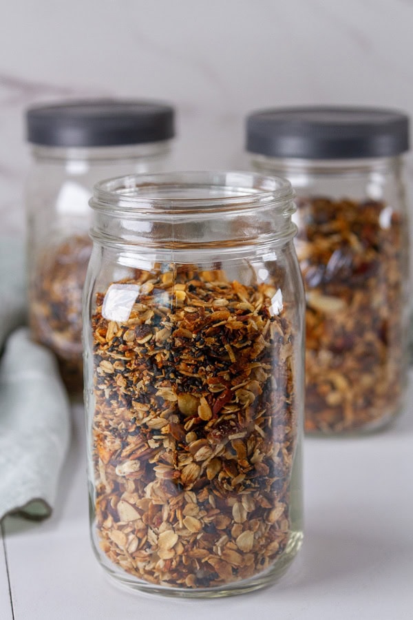 large mason jars filled with granola.