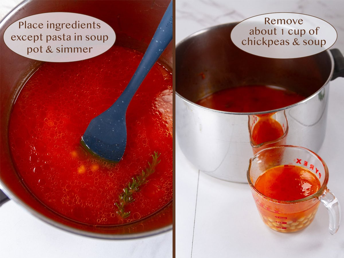cooking soup in a pot on left and taking out some chickpeas in a measuring cup on right.