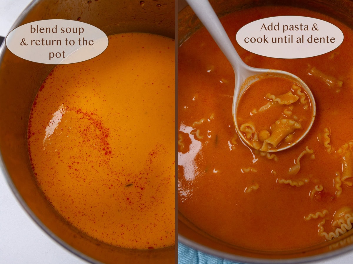 blended soup on left and with pasta on right.
