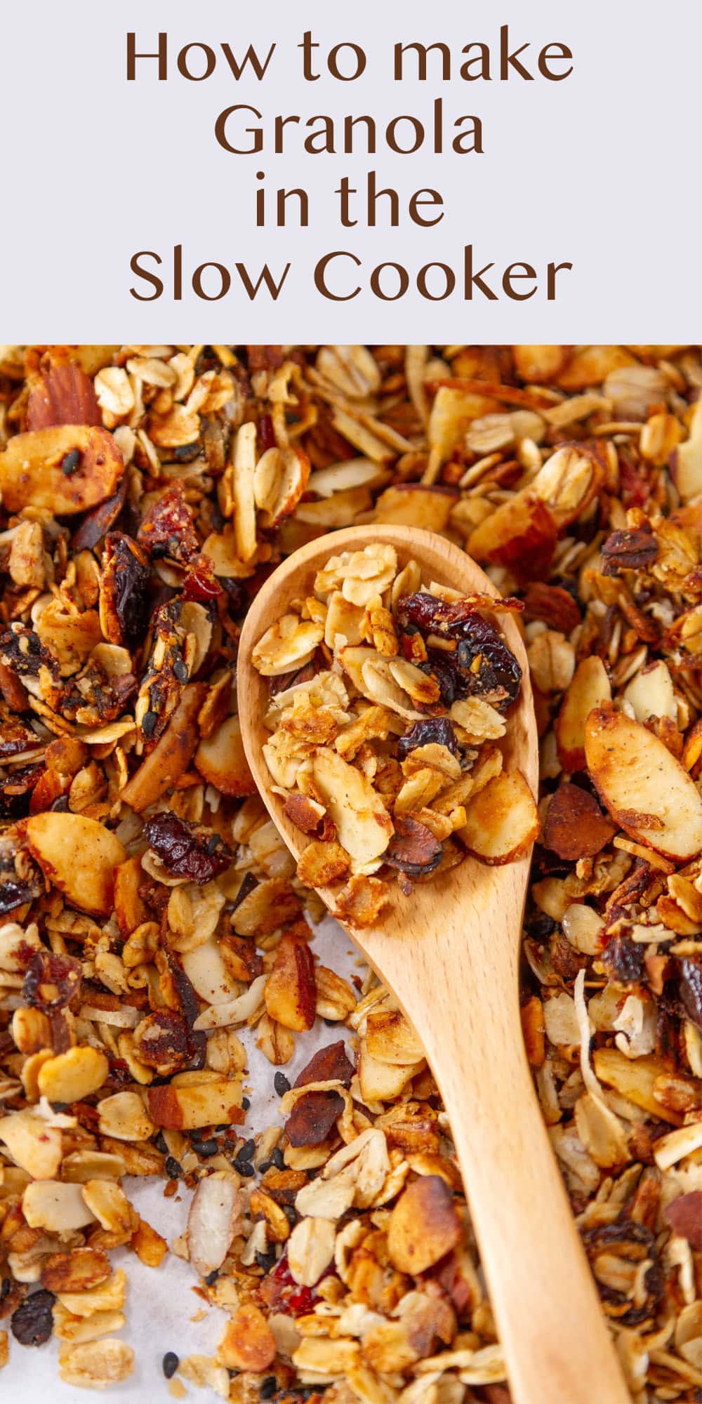 a wooden spoon in some granola.