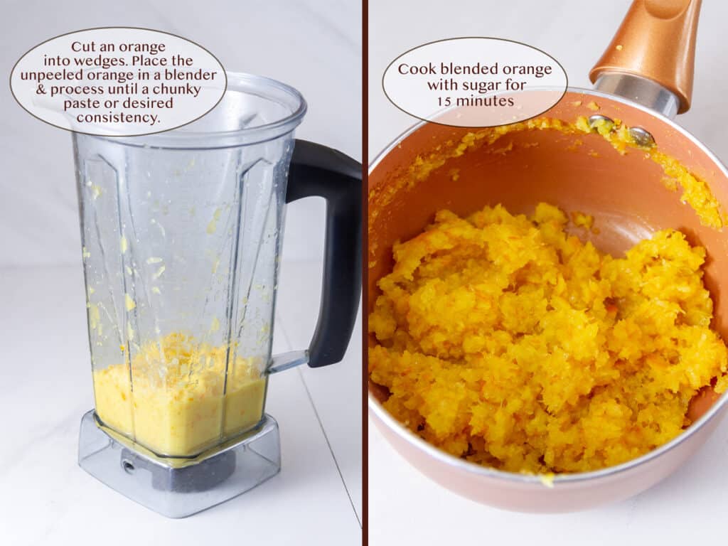 a blender on the left with orange pulp in in, and cooked marmalade in a pan on the right.