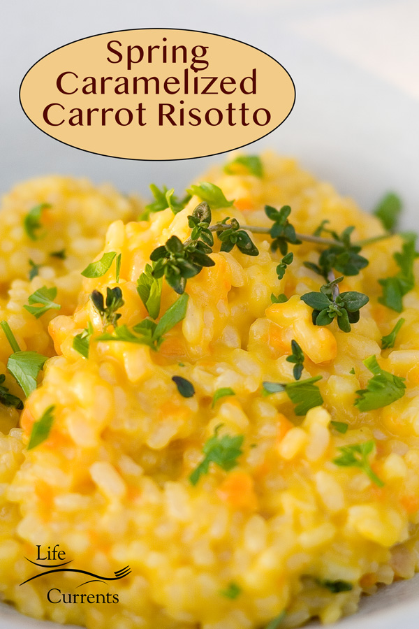 a bowl or risotto with carrots garnished with fresh herbs