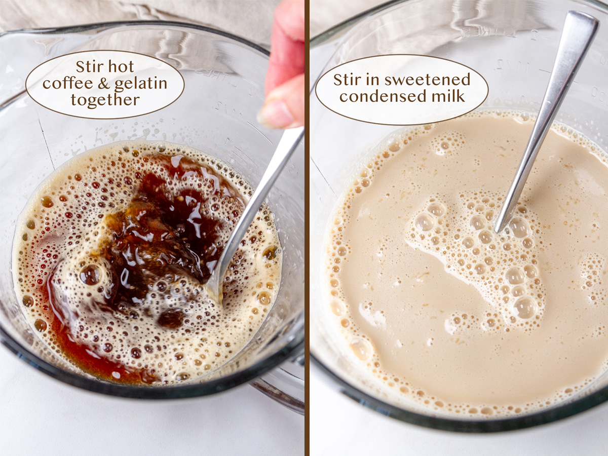 stirring hot coffee into the gelatin on left and adding sweetened condensed milk on right.