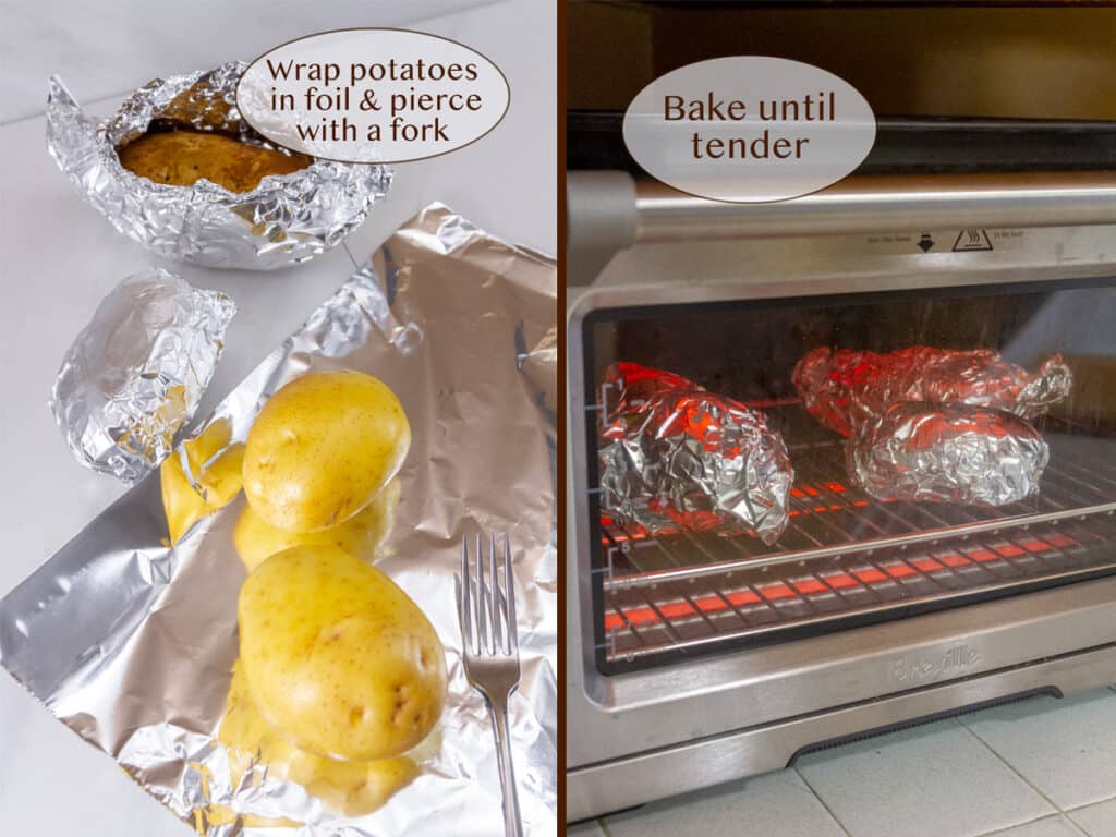 wrapping potatoes in foil on left, and wrapped potatoes in the oven on right.
