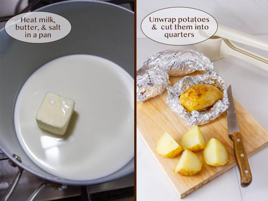 butter and milk in a pan on left, and unwrapping and cutting potatoes on right.