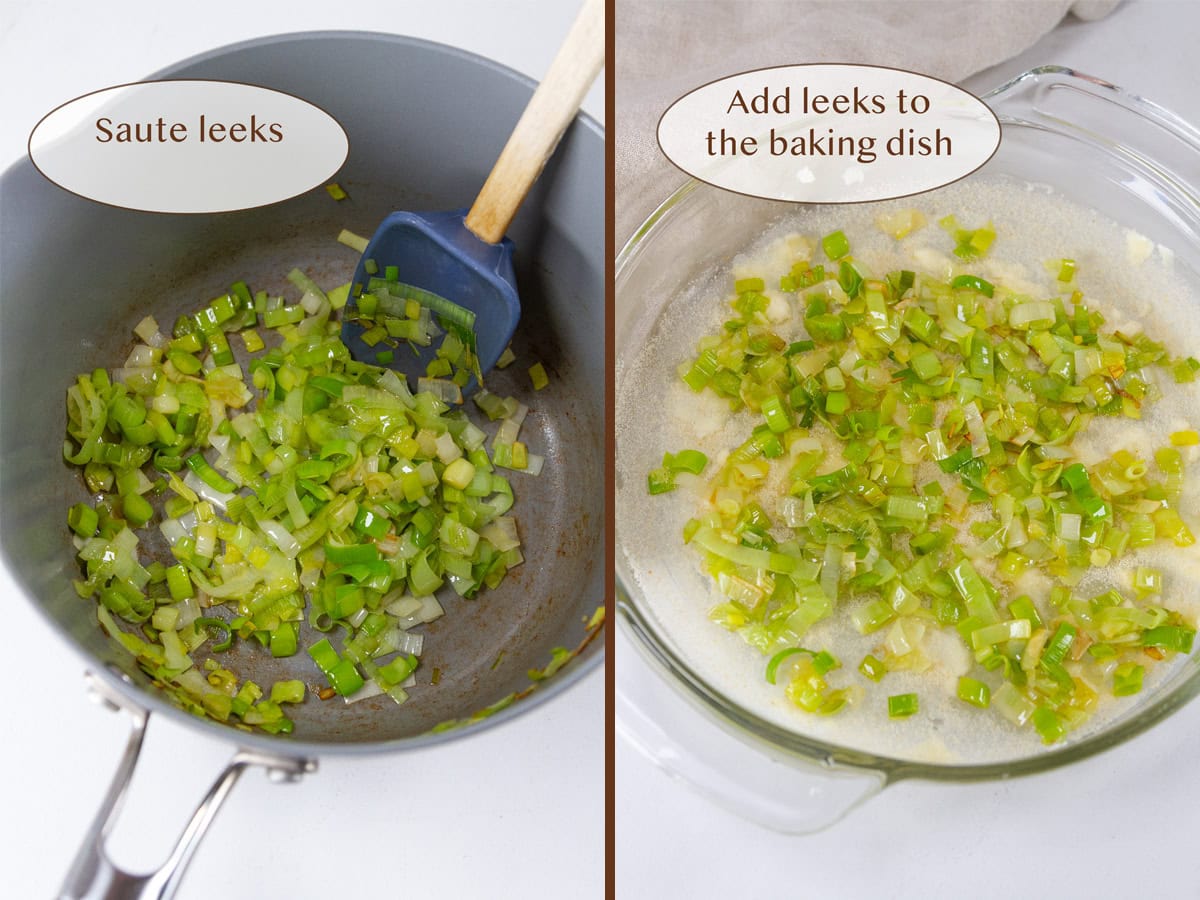 sauteing veggies on left and in a bowl on right.