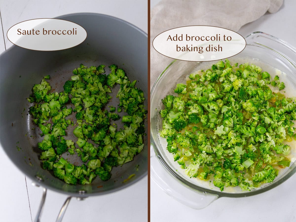 sauteing broccoli on left and adding it to the bowl on right.
