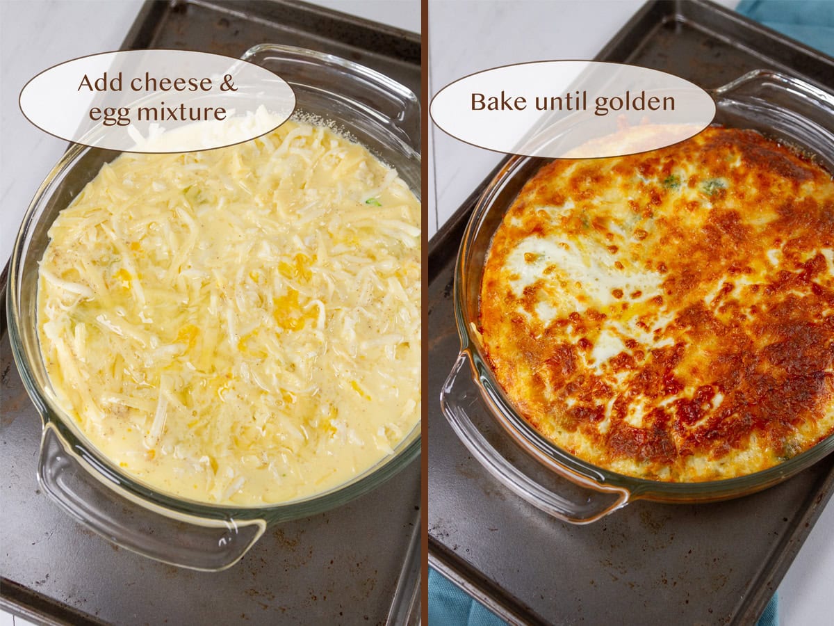 quiche ready to bake on left and after being baked on right.