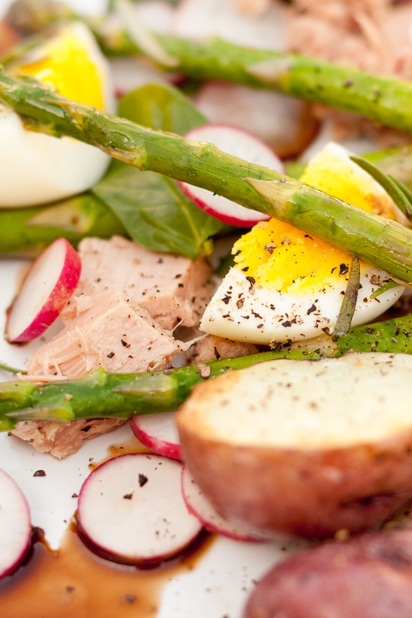close up on a salad with potato, egg, tuna, and asparagus.