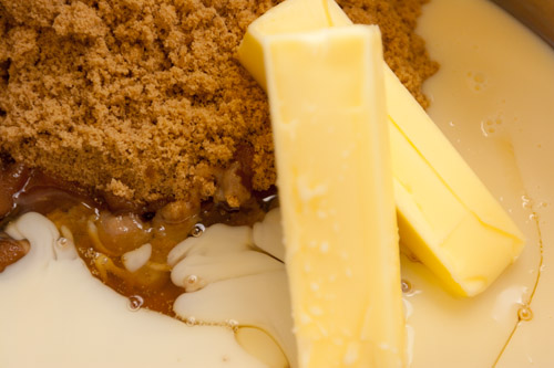 butter, brown sugar, and milk in a pan.