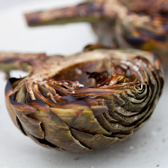 grilled artichokes with salt on a white plate.