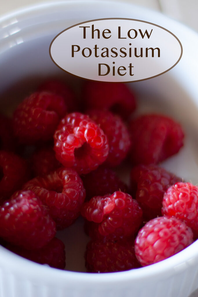 a close up picture of a white bowl filled with berries, title on upper right: The Low-Potassium Diet.