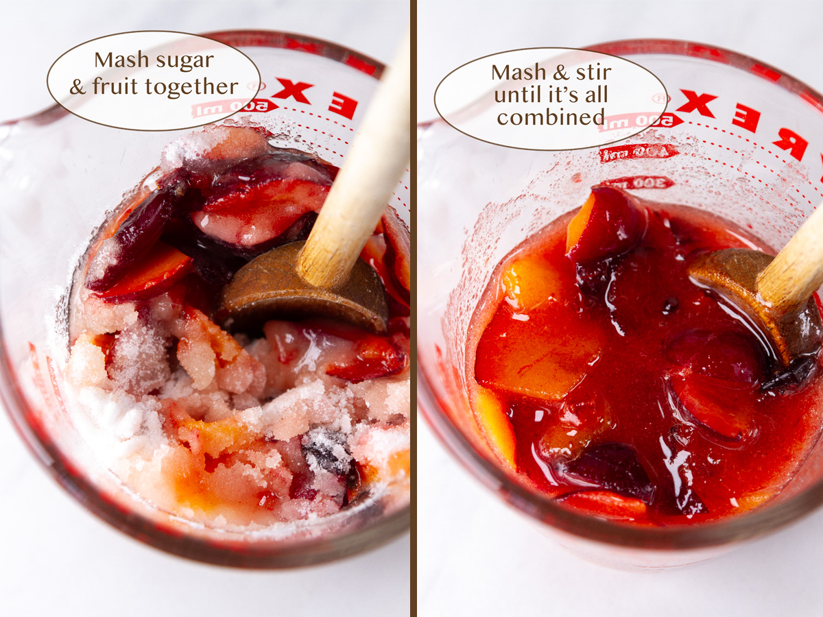 smashing the fruit and sugar with a wooden spoon on left and all smashed together on right.