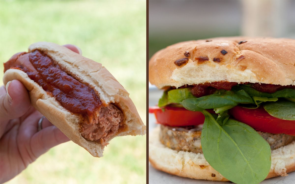 hot dog with ketchup on left and hamburger with ketchup on right.