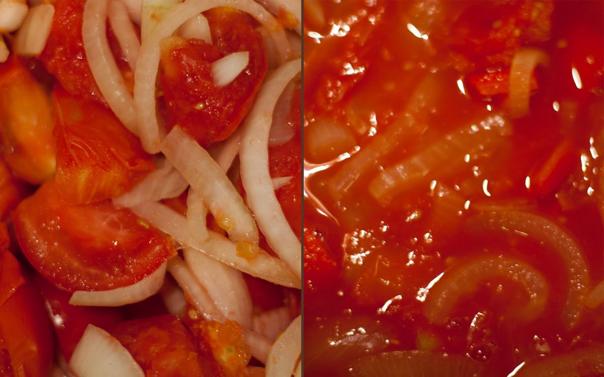 chopped onion and tomatoes on left and being cooked on right.