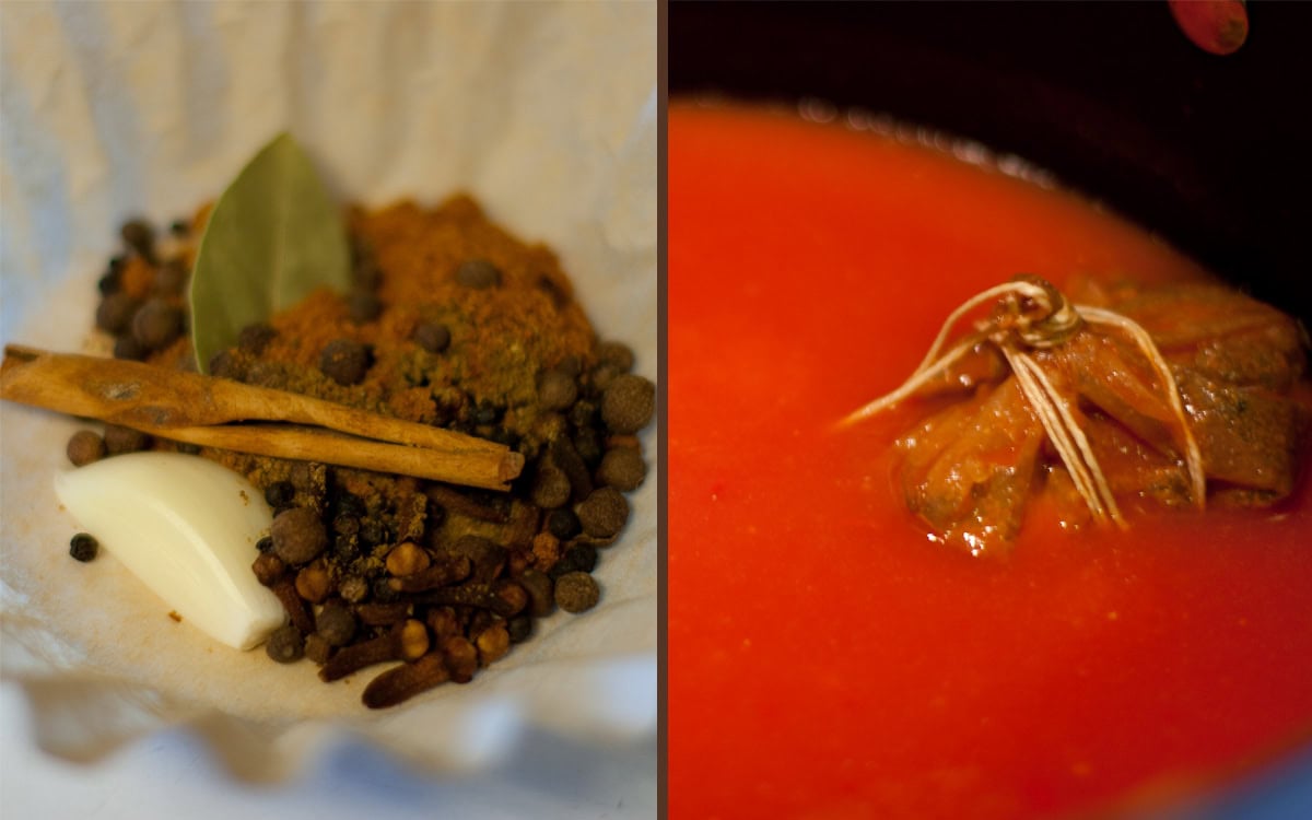 spices on left and in a pouch in the cooking tomatoes on right.