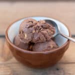 square crop of a bowl of chocolate ice cream with a spoon in it.