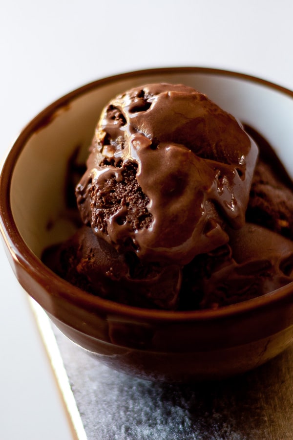 a bowl filled with dark chocolate ice cream.