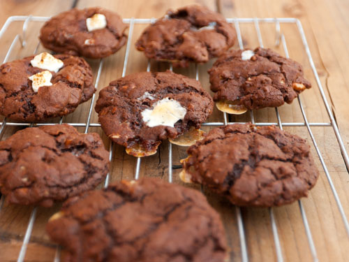 chocolate cookies cooling on a wire rack.