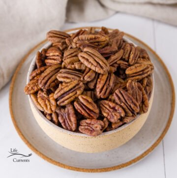 toasted pecans in a bowl, square crop