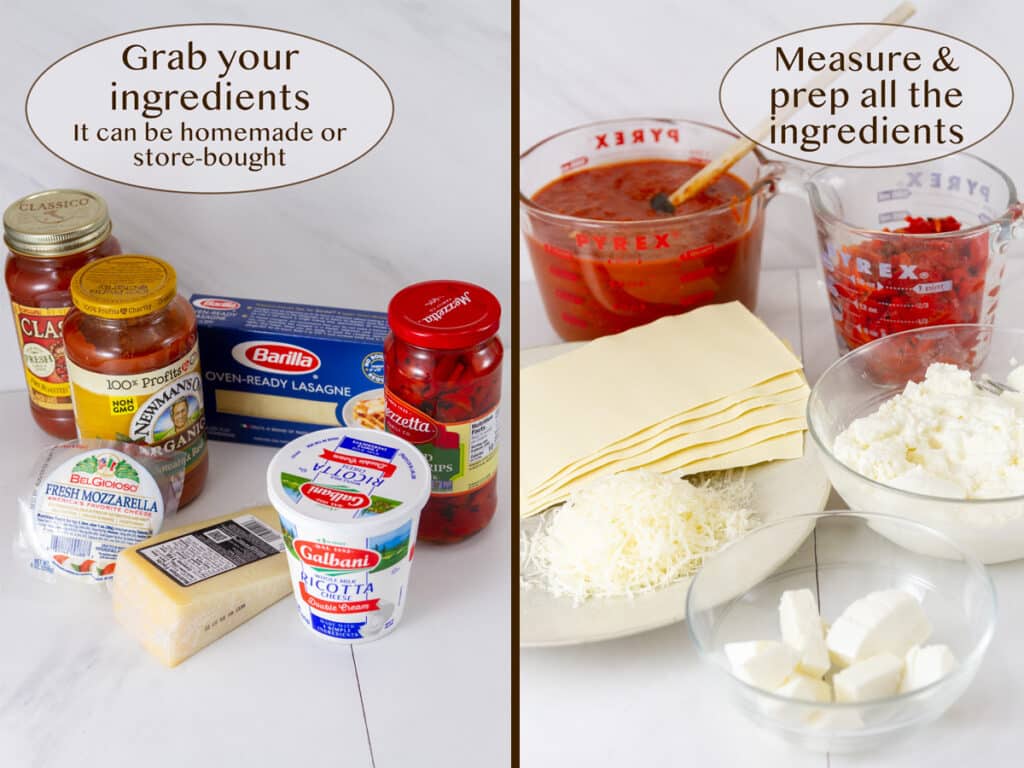 ingredients for lasagna on right, and all prepped on left.