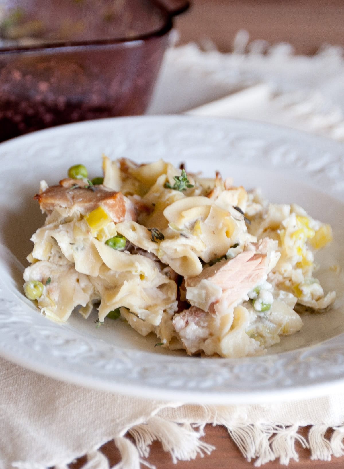 a serving of tuna casserole on a fancy plate.