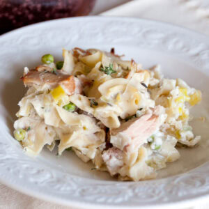 square crop of a serving of baked tuna noodle casserole.
