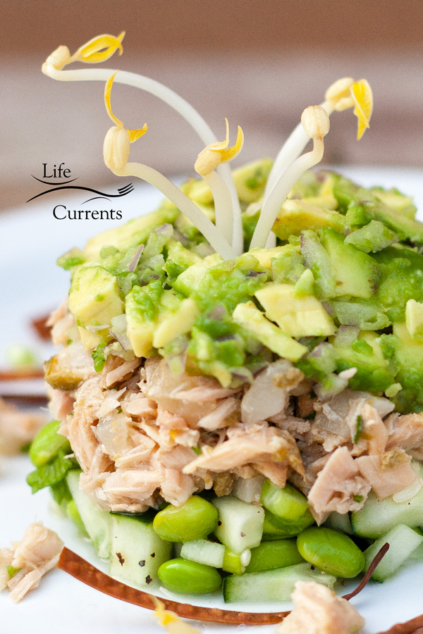 Island Trollers Albacore Tuna Tower with cucumber, edamame, jalapeno Island Trollers Albacore tuna, water chestnuts, and avocado, served with soy sauce, bean sprouts, and crispy baked won tons