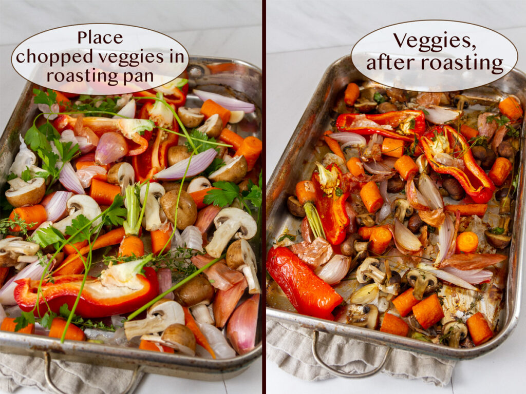 how to make homemade broth, roasting the vegetables