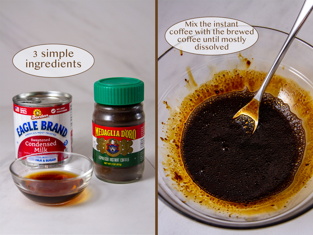 three ingredients on left and coffee in a bowl on right.