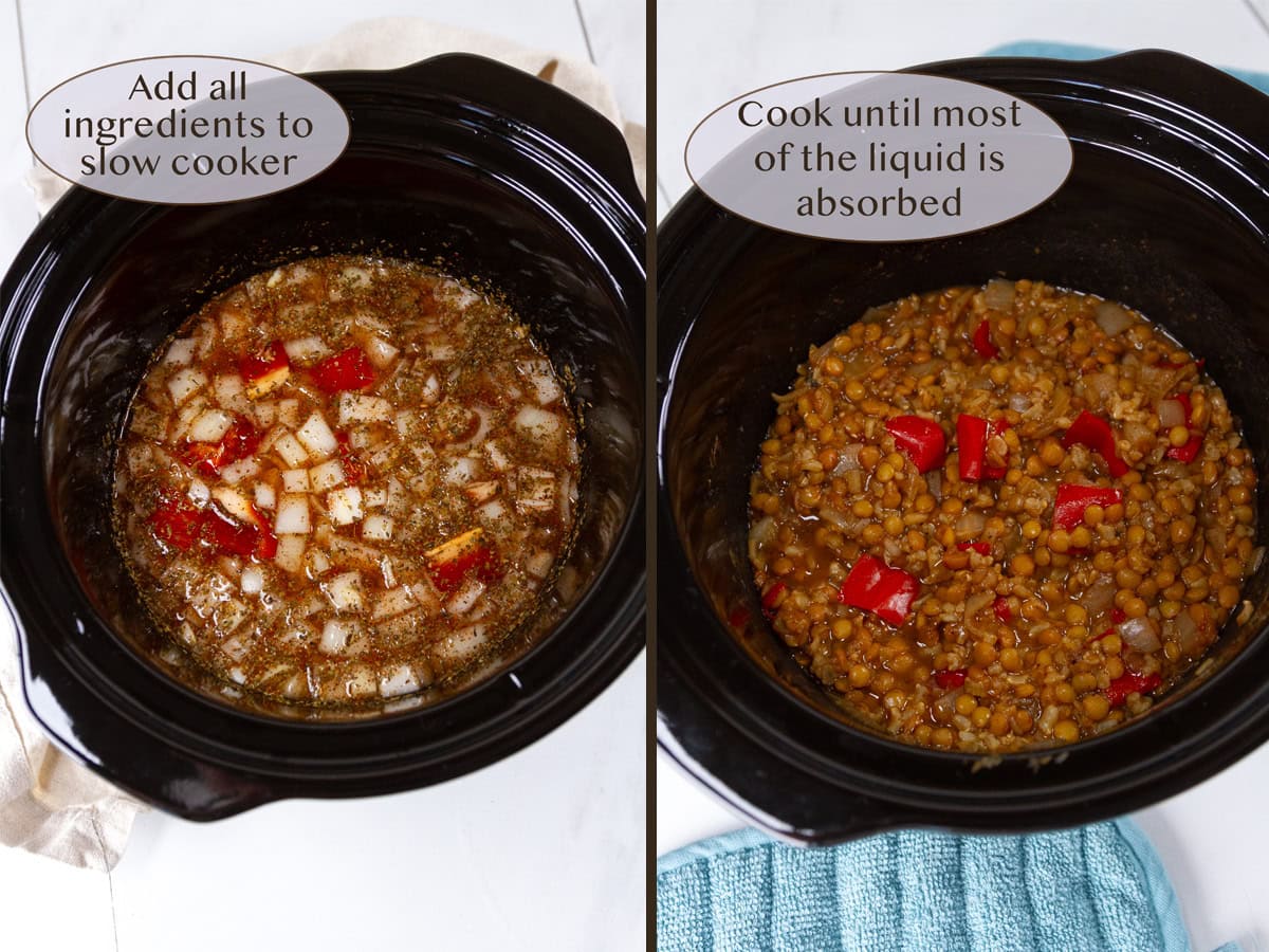 uncooked taco filling on left and cooked on right.