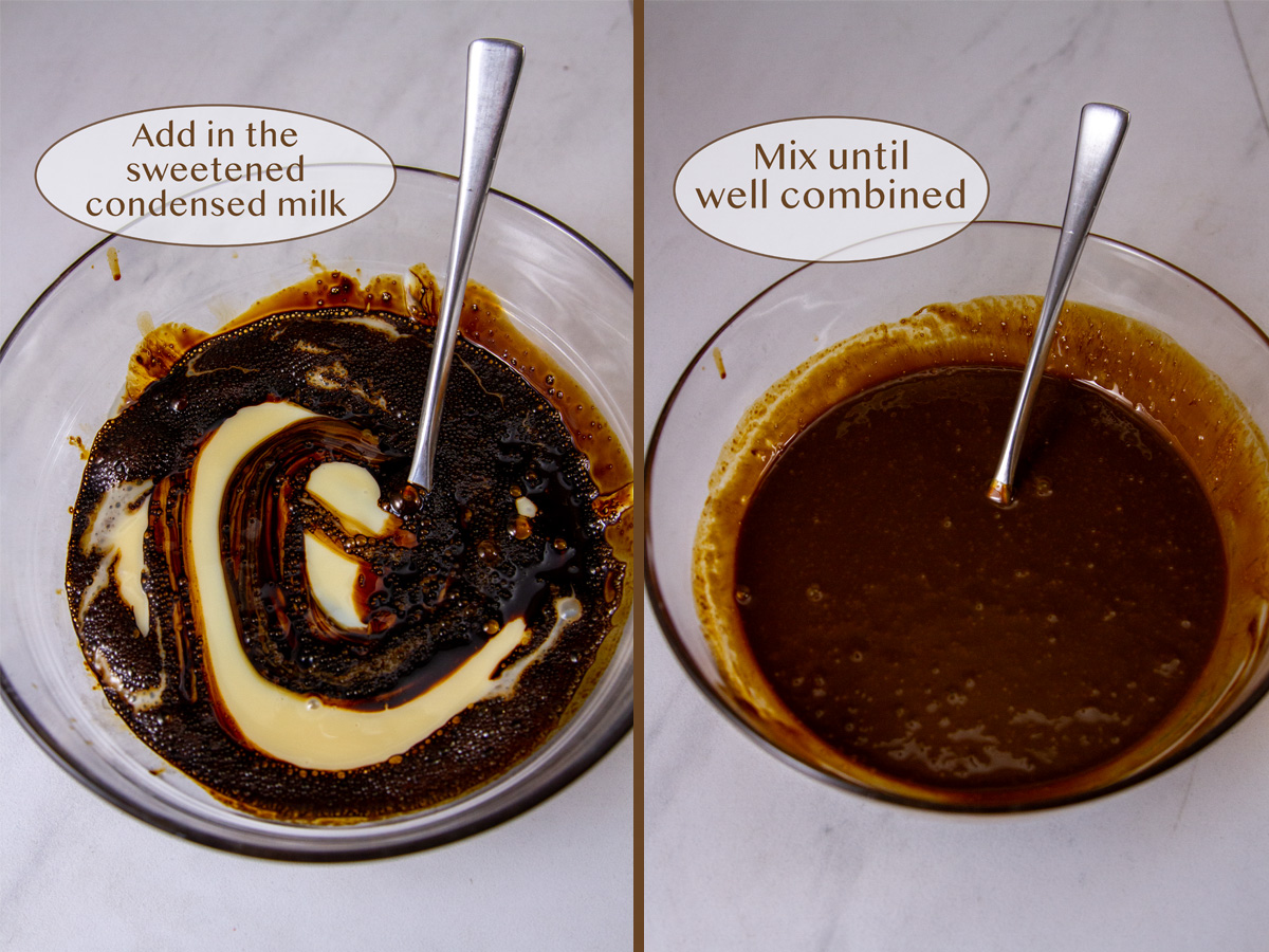 stirring the sauce in a glass bowl.