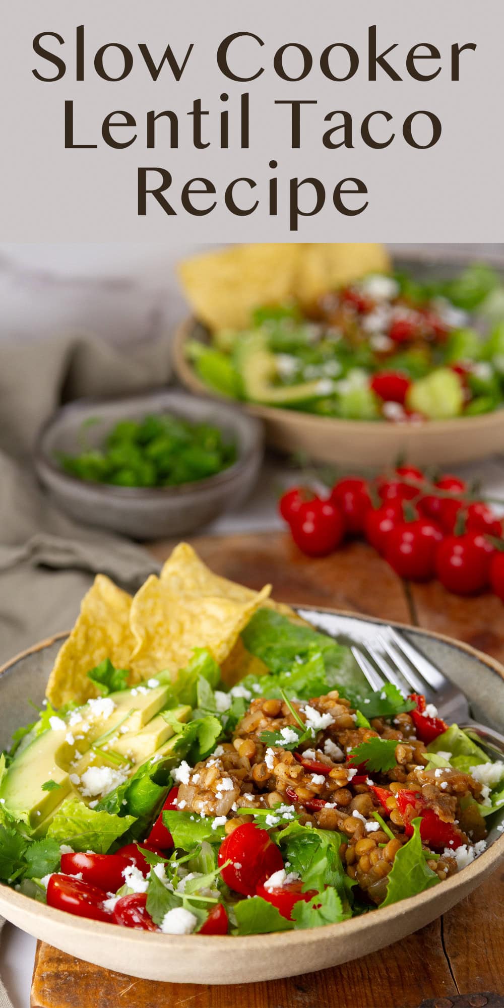 two bowls of lentil taco salad with some cherry tomatoes and cilantro around.