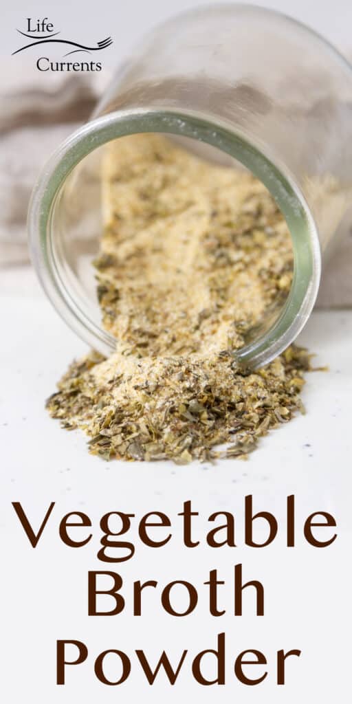 a small glass jar tipped over spilling out the Instant Vegetarian Broth Mix inside the jar.