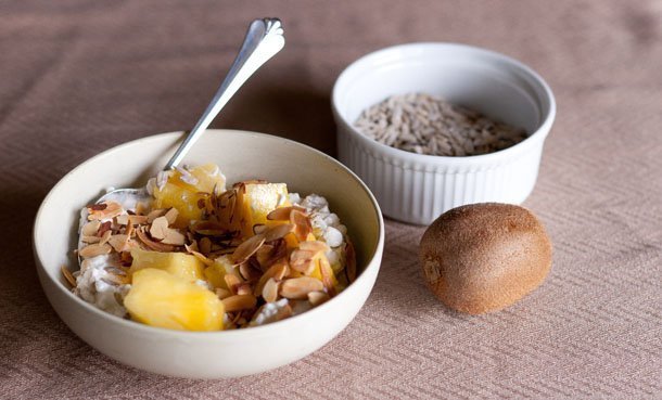 cottage cheese, kiwi, pineapple, sunflower seeds