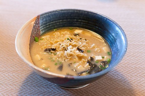 Vegan Miso Ramen Soup Vegan Miso Ramen Soup in a blue bowl.