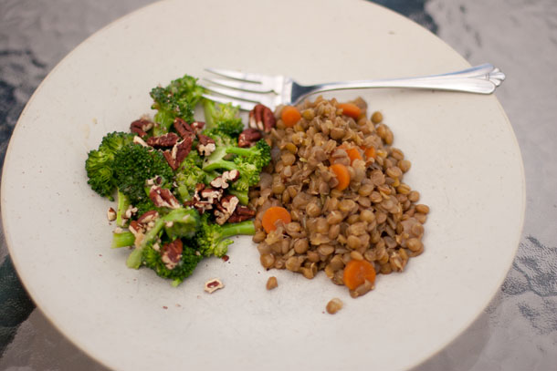 lentils with broccoli miso salad