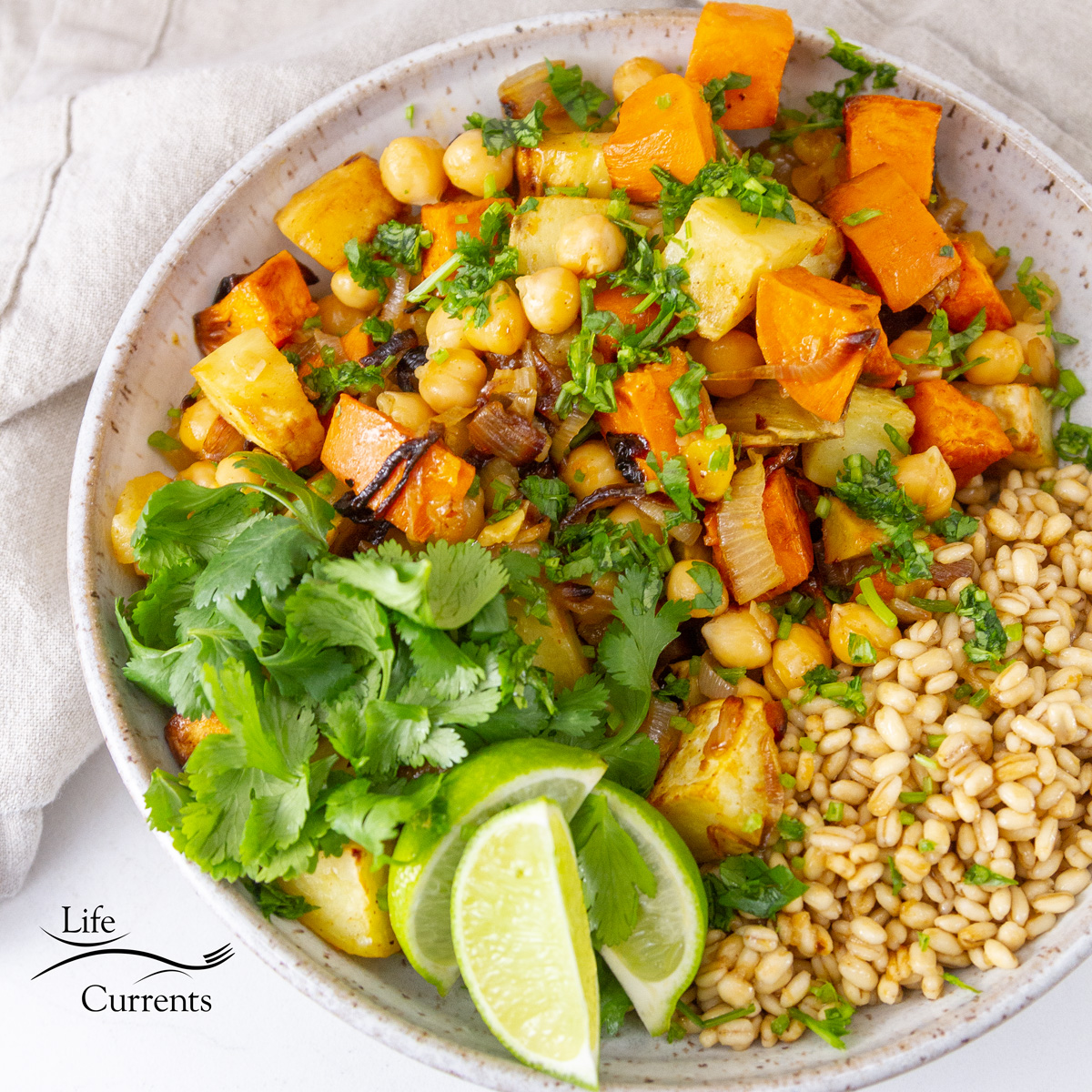 square crop, image contains food, grains, vegetabes, cilantro, lime wedges.
