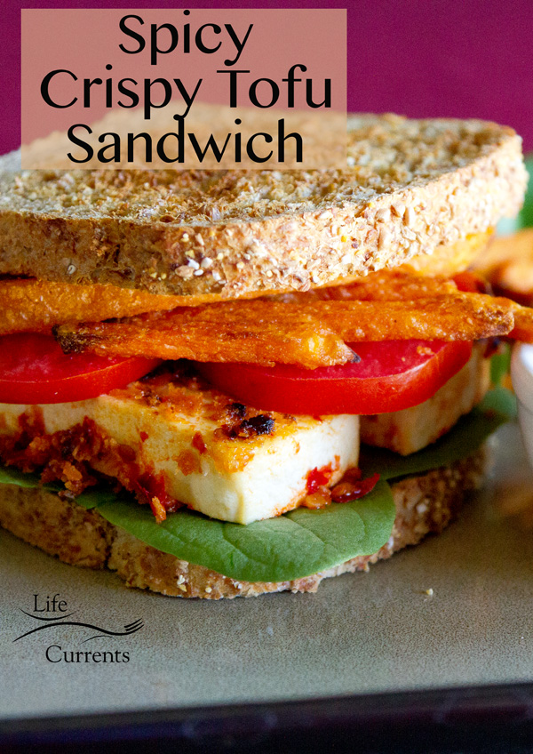 Spicy Crispy Tofu Sandwich  - With fresh spinach, tomatoes, sweet potato fries, and chipotle-sour cream sauce on toasted sprouted 7-grain bread