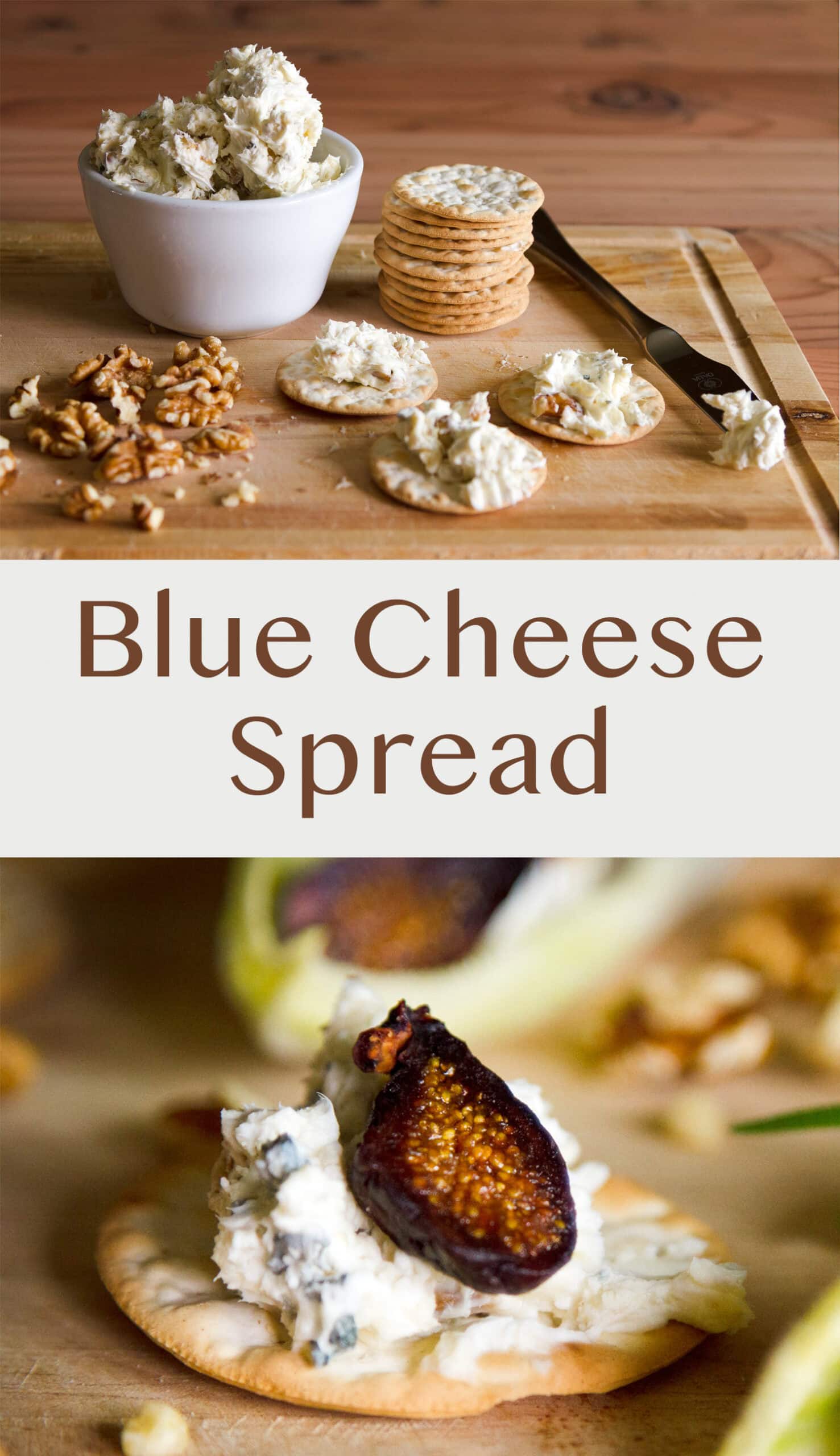 two images of blue cheese spread with crackers, the bottom one with a fig.