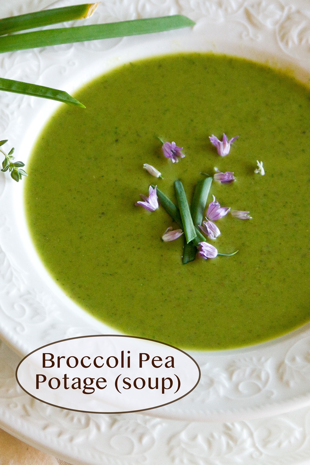 a white bowl filled with bright green soup that's garnished with fresh herbs.