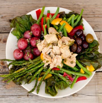square crop of looking down on a salad with olives, tuna, asparagus, potatoes, green beans, bell peppers, and lettuce.