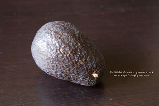 A whole avocado laying on a table and the text to always look for the stem when buying avocados.