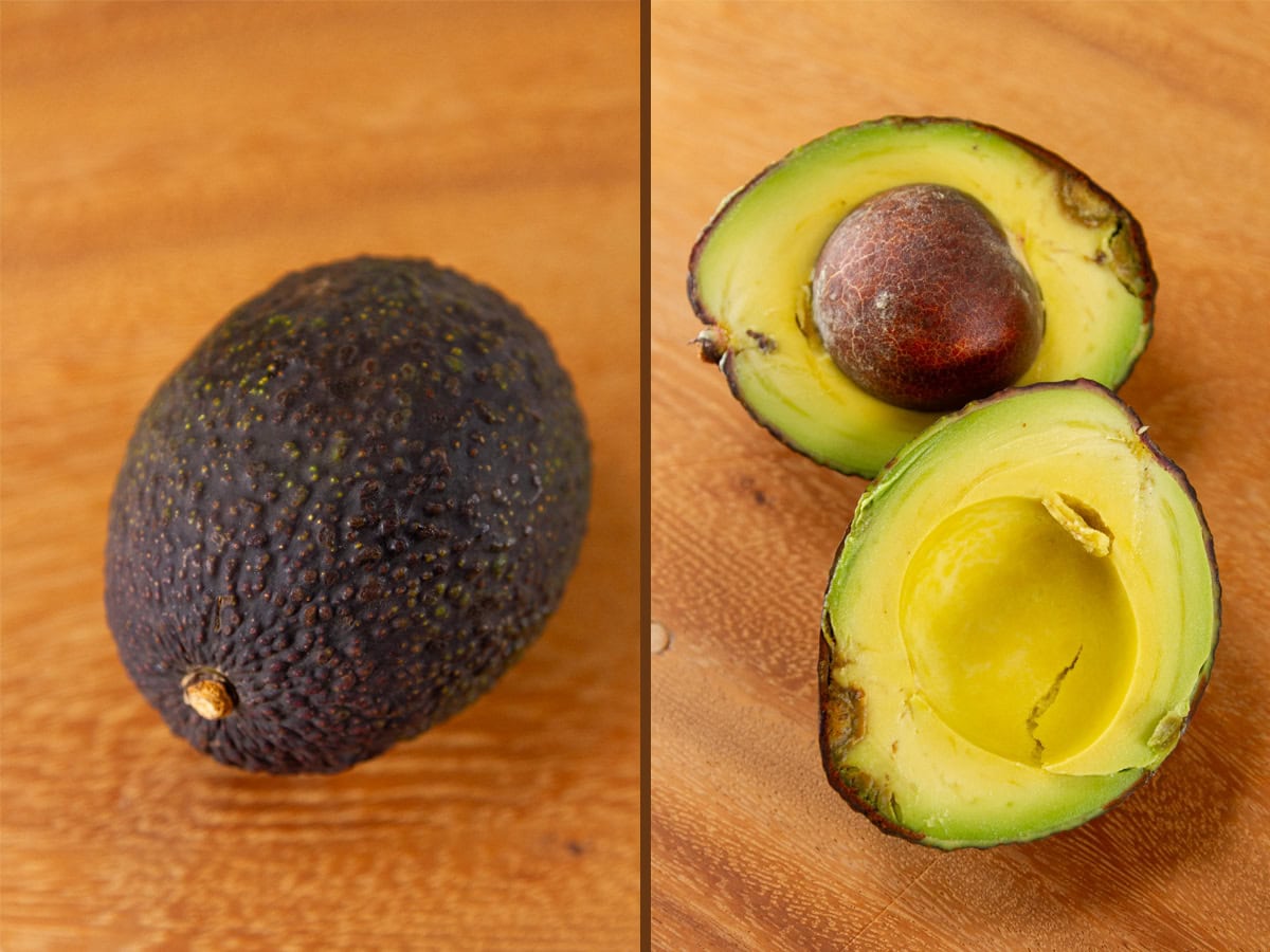 a gem avocado on left and cut open on right.