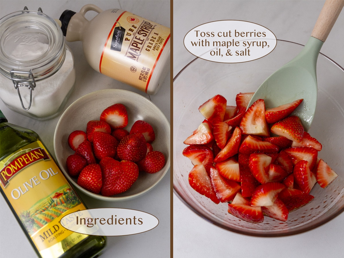 ingredients on left and cut berries in a bowl with a large spoon on right.