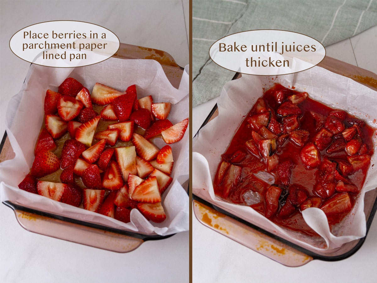 berries and syrup in a baking dish on left and after being baked on right.