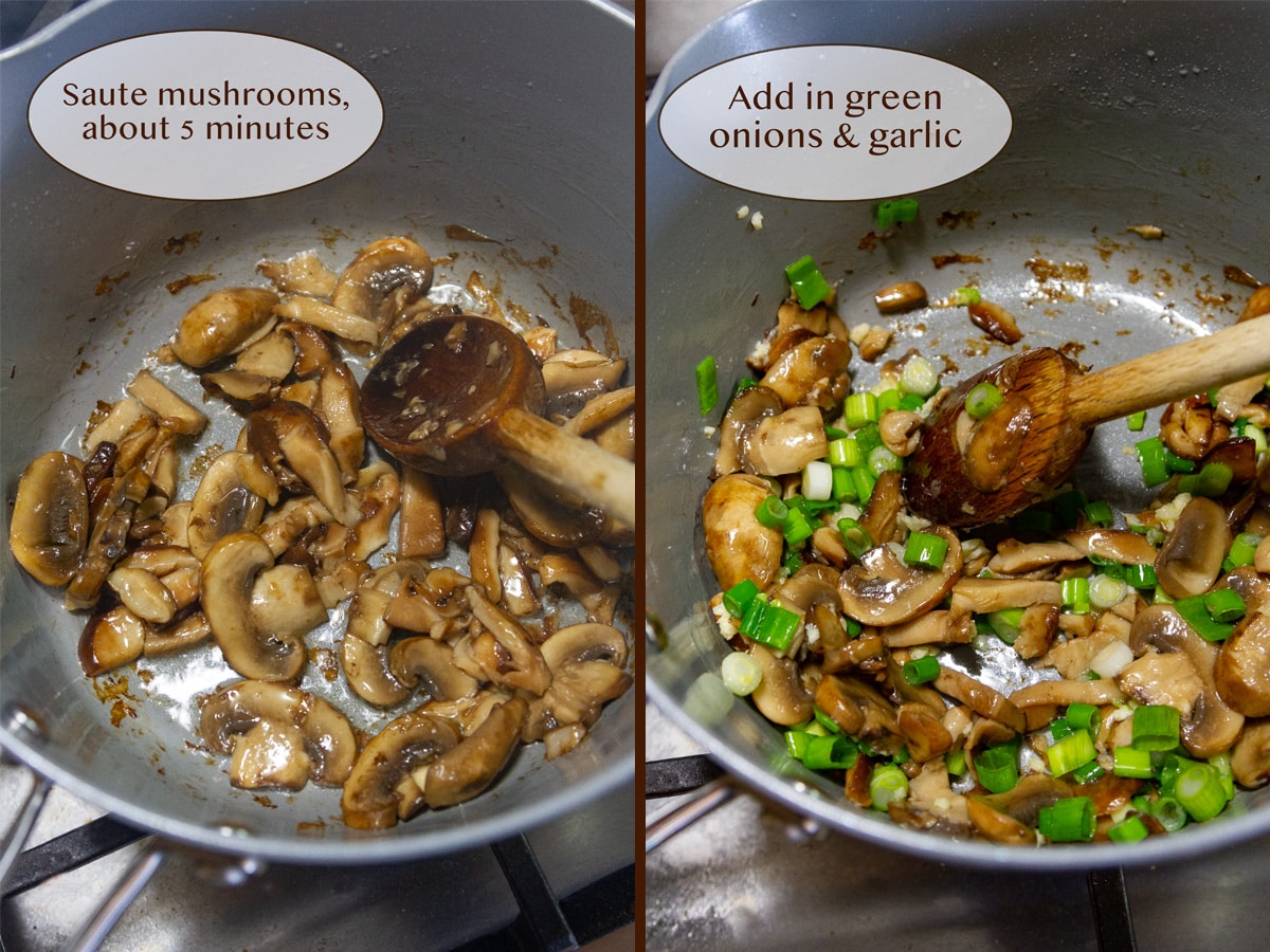 cooking mushrooms in a pan on left and with added green onions on right.