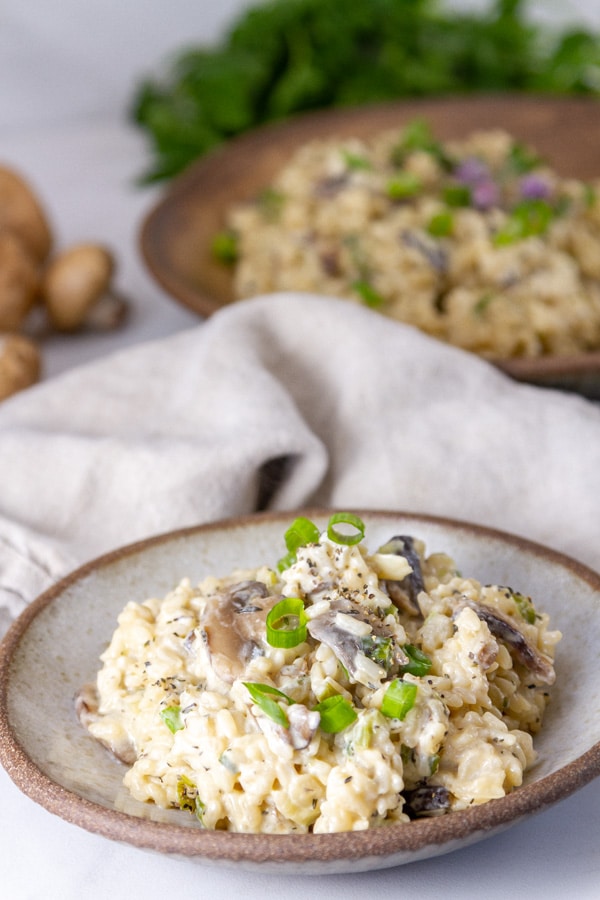 a serving of stroganoff in a small white bowl in front of the large serving bowl, some mushrooms, and some fresh herbs.