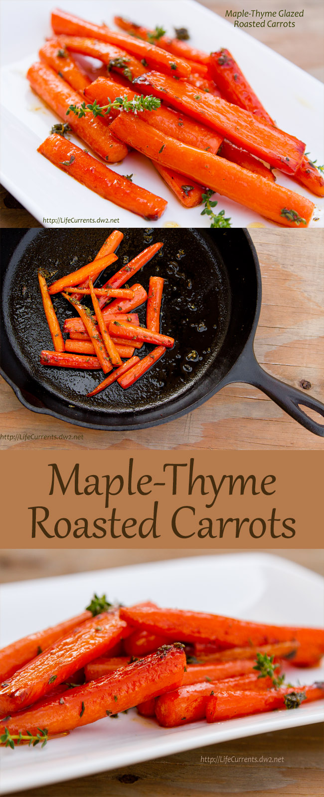 Title, collage with 3 images: Maple-Thyme Roasted Carrots