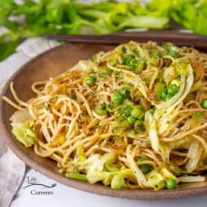 Asian noodles with green cabbage and green peas on a brown plate with chopsticks and celery in the background.